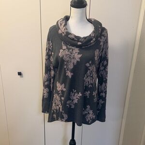Floral Cowl Neck Sweater - Gray and Pink